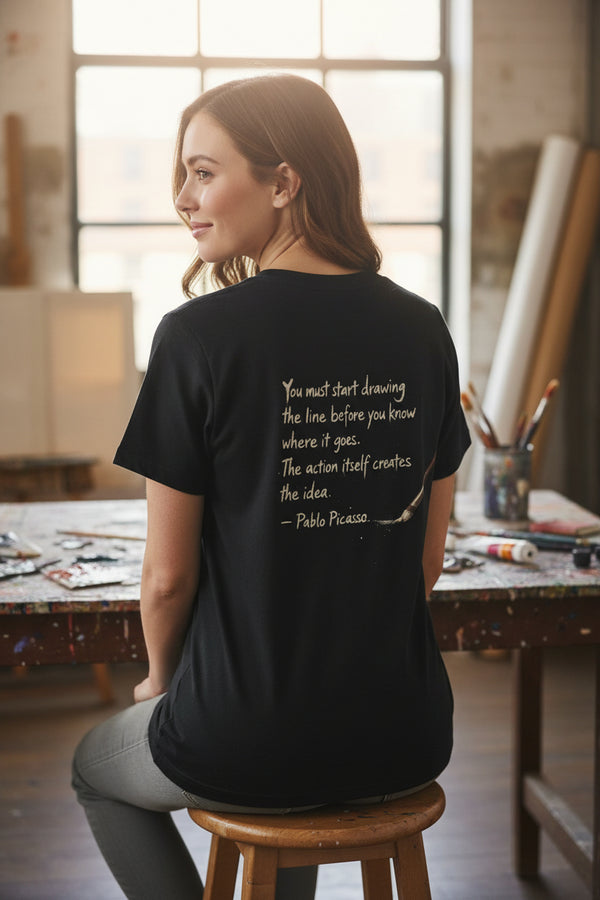 Painted Art Quote Women's Tshirt — "You must start drawing the line..." Picasso Paintbrush T‑Shirt
