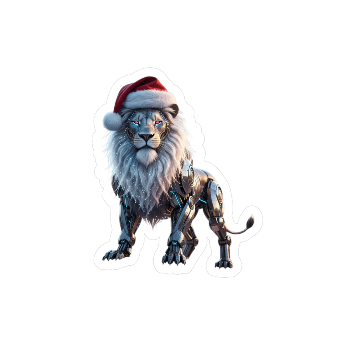 Robotic Lion Sticker — Christmas Santa Hat Vinyl Decal (Kiss-Cut)