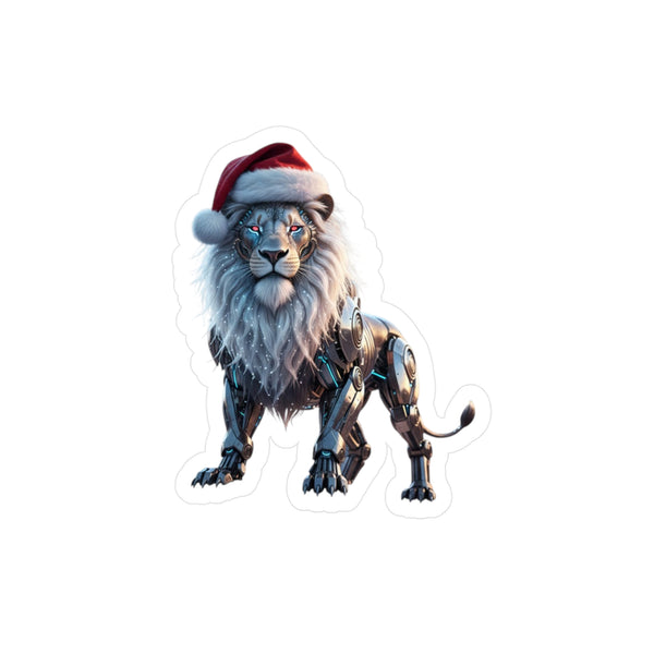 Robotic Lion Sticker — Christmas Santa Hat Vinyl Decal (Kiss-Cut)