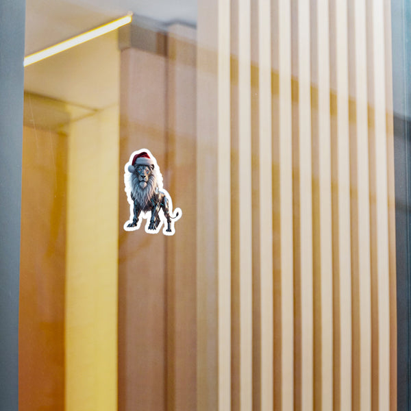 Robotic Lion Sticker — Christmas Santa Hat Vinyl Decal (Kiss-Cut)