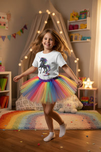 Show this T-shirt on a young girl playing with toys ina living room