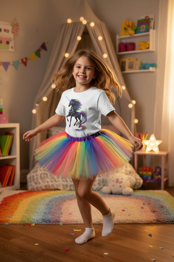Show this T-shirt on a young girl playing with toys ina living room