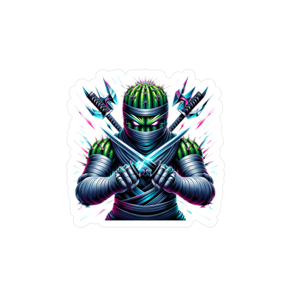 Cactus Ninja Kiss-Cut Vinyl Sticker — Neon Samurai Swords Decal